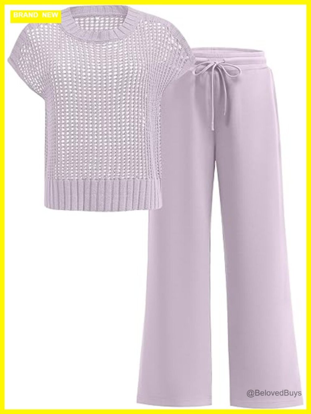 Two Piece Crochet Sheer Knit Sweater Top Wide Leg Pants Lounge Set